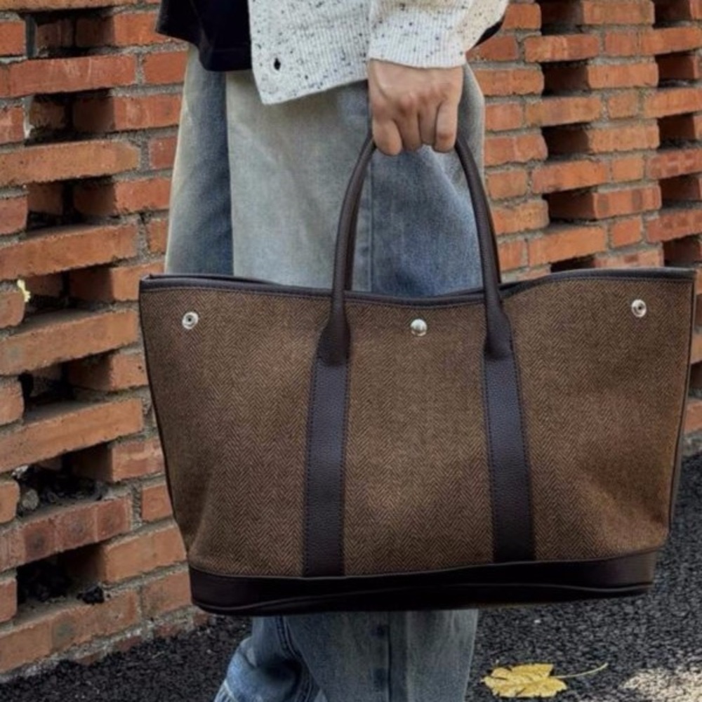Textile & Faux Leather Tote Bag – Brown/Dark Brown Large Shoulder Bag & HandBag - Picture 3 of 9